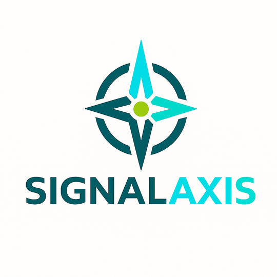 SignalAxis logo featuring a teal compass with cyan accents and lime center, representing precision connectivity and IT solutions.